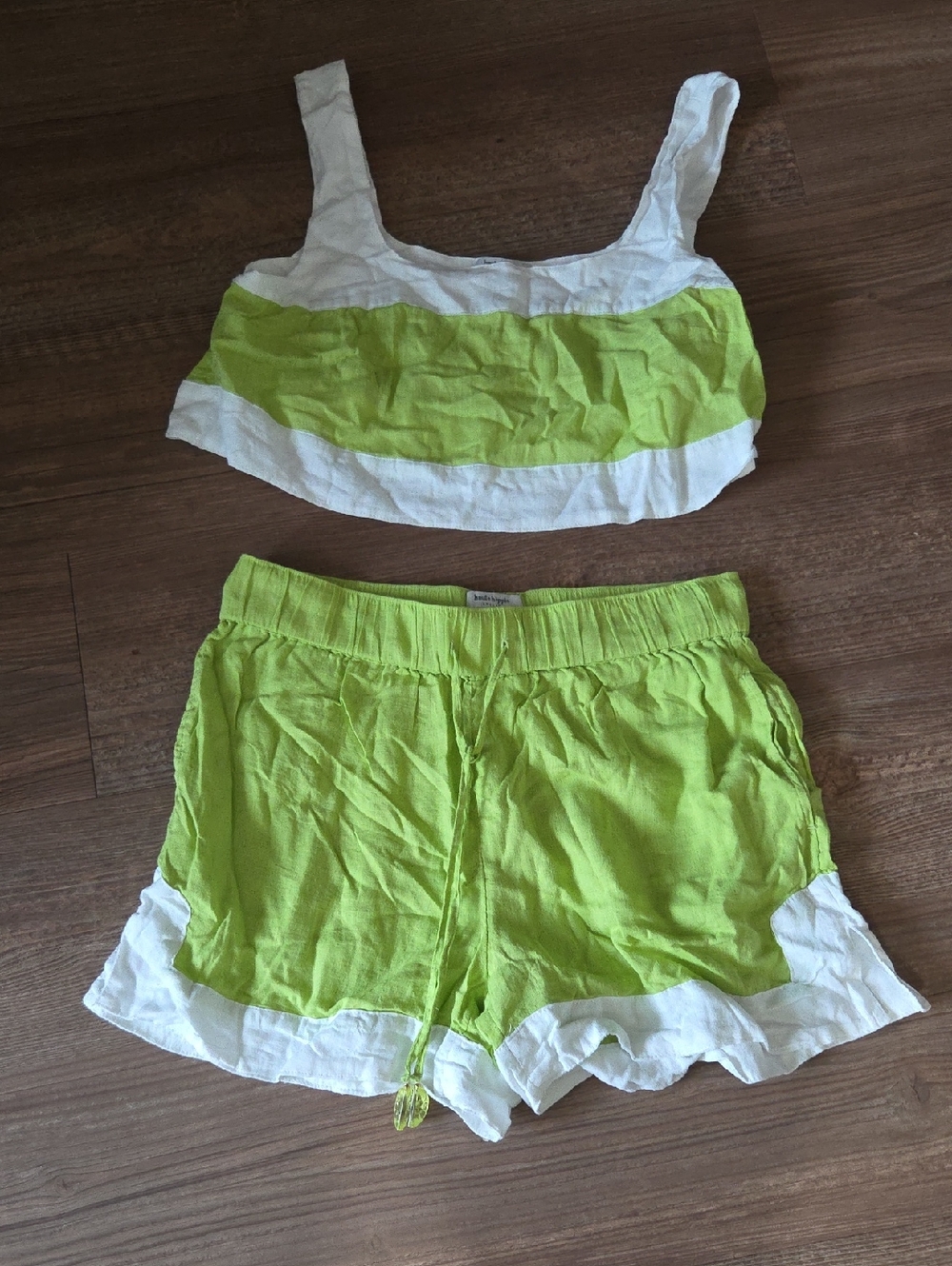 Haute Hippie Neon Lime & White Two-Piece Crop Top + Shorts Set